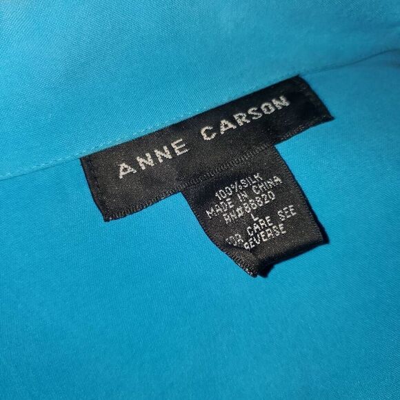 Anne Carson 100% Silk Teal Blue Vintage Button Collared Blouse Size Large - Picture 6 of 7